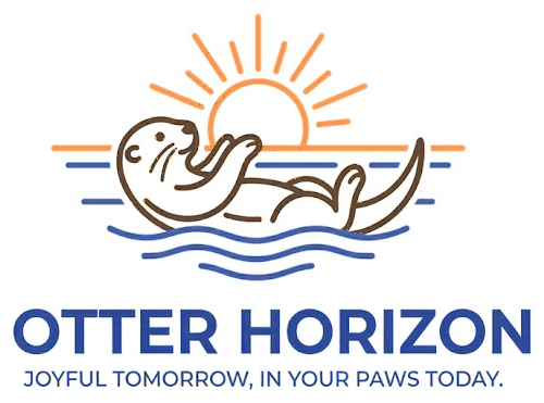 Logo Otter Horizon – vydra plující na zádech se sluncem v tlapkách. Joyful tomorrow, in your paws today.